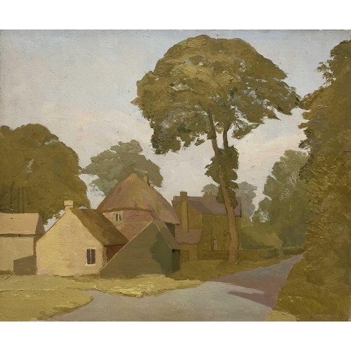 243 - John SIMMONS (1871-1943) Three oils on canvas View From a Riverside, Farmstead and Rural Village Eac... 