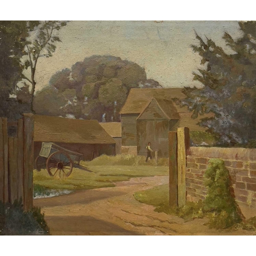 243 - John SIMMONS (1871-1943) Three oils on canvas View From a Riverside, Farmstead and Rural Village Eac... 