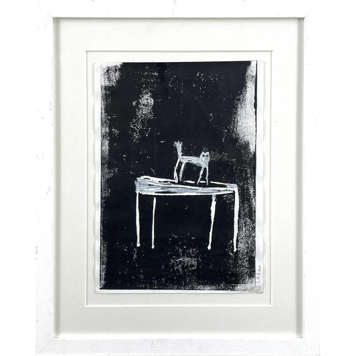 250 - Andrew LITTEN (1970) Cat on Table Monoprint Signed 29 x 21cm