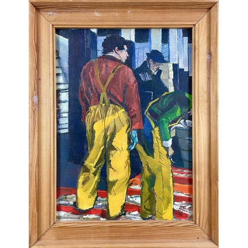 268 - Bernard EVANS (1929) Figures, Newlyn Fish Market Oil on board Initialled Further signed, inscribed a... 