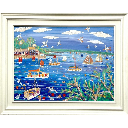 297 - John DYER (1968) Sailing and Bathing, Falmouth Oil on canvas, signed, inscribed to verso, 46x61cm