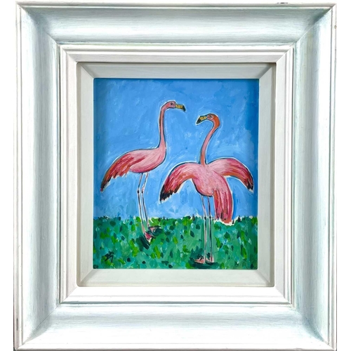 30 - Joan GILLCHREST (1918-2008) Two Flamingos Oil on board, signed, 20 x 17cm.This glazed oil appears to... 