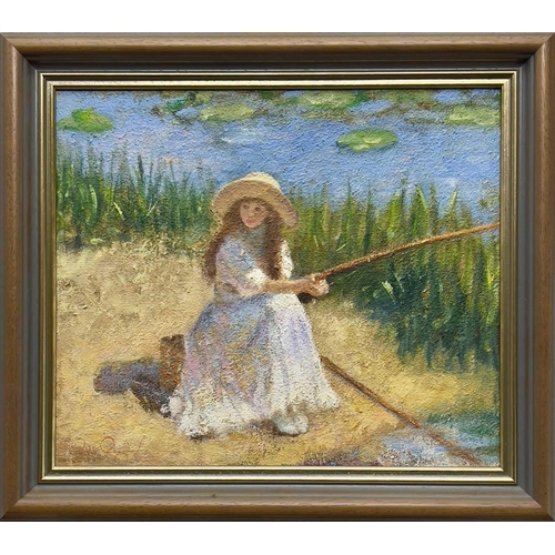 361 - Rene LEGRAND (1923-1996) Young Girl Fishing Oil on canvas Signed 29 x 34cm