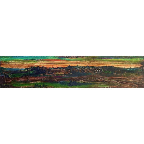 376 - Sven BERLIN (1911-1999) Landscape Oil on panel (a wooden drawer front) 20x88cm