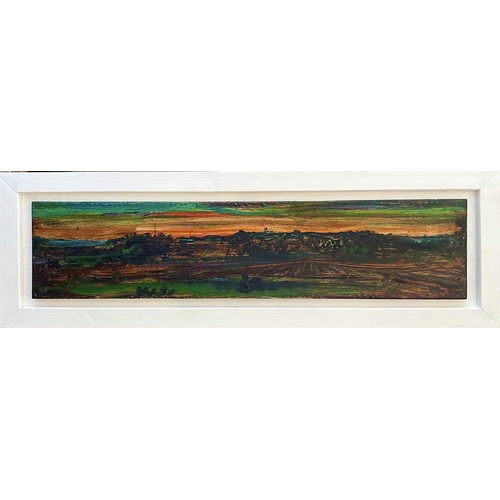 376 - Sven BERLIN (1911-1999) Landscape Oil on panel (a wooden drawer front) 20x88cm