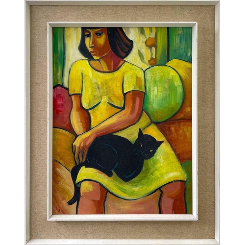 390 - Theresa GILDER (XX) Woman with Cat Oil on board Monogrammed 59 x 44cm From the Personal Collection o... 