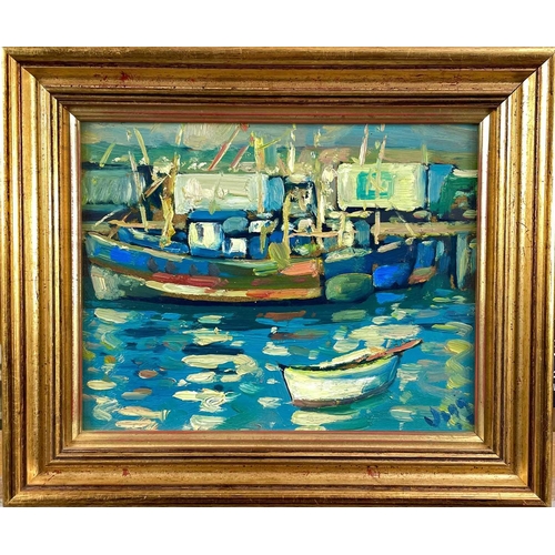 404 - Bob VIGG (1932-2001) Newlyn: Working Boats Oil on board Signed 18 x 23cm