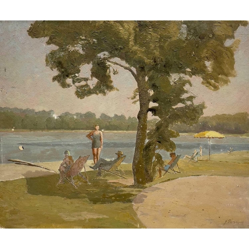 418 - John SIMMONS (1871-1943) Seated Beside the Lake Oil on board Signed 51 x 61cm and John SIMMONS (1871... 