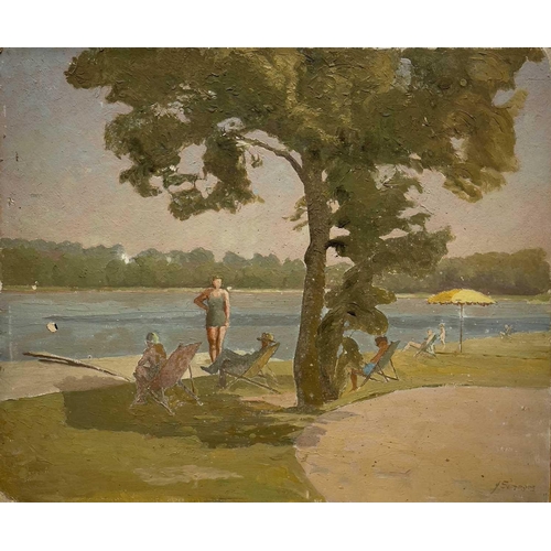 418 - John SIMMONS (1871-1943) Seated Beside the Lake Oil on board Signed 51 x 61cm and John SIMMONS (1871... 