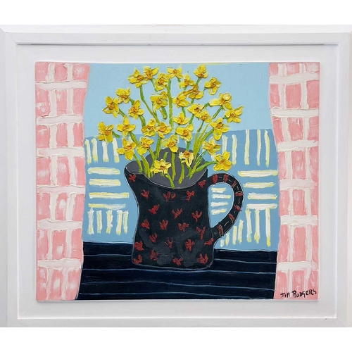 444 - Jim RODGERS (XX-XXI) Yellow Flowers In Black Jug Oil on board, signed, further signed, titled and da... 