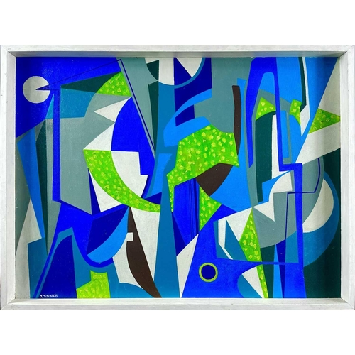 50 - Joyce TURNER (1920-2020) Blue & Green Abstract Oil on board, signed, further signed label to verso, ... 