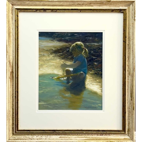 503 - Steven JONES (1959) Child Seated in a Rockpool Oil on board Signed 29 x 24cm.