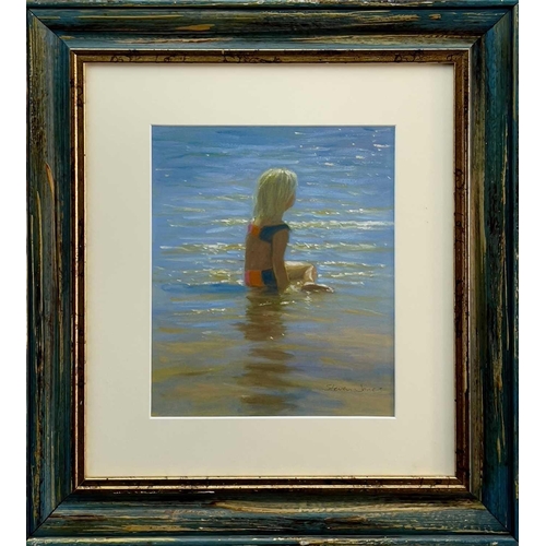 517 - Steven JONES (1959) Child Seated on the Shore Oil on board Signed 30 x 25cm.