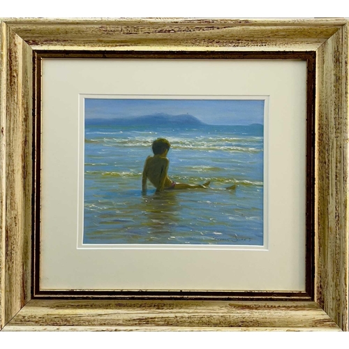 546 - Steven JONES (1959) Child Seated on the Shore Oil on board Signed 23 x 29cm.