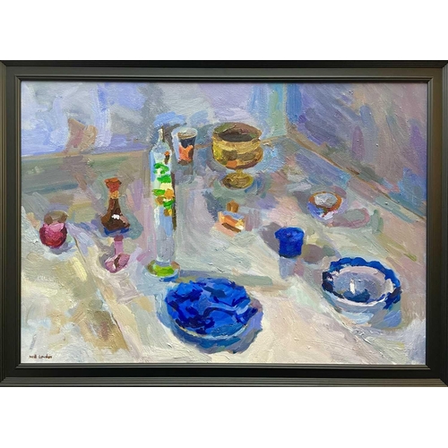 58 - Neill LOWDON Still Life with Perfume Bottles Oil on canvas, signed, 70x100cm