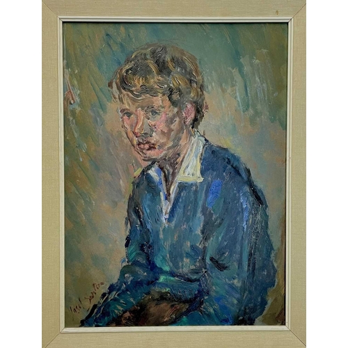 581 - Josef SANTEN (1926-1988) Blue Fisherboy Oil on board, signed, labels to verso, 61x45cm