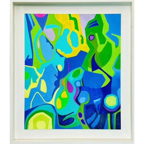 60 - Joyce TURNER (1920-2020) Blue Green Abstract Oil on board, signed, 61 x 50cm.Wonderful original and ... 