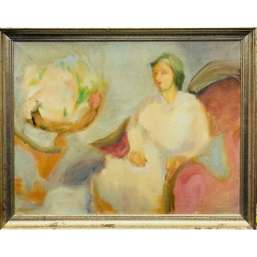 64 - Rose HILTON (1931-2019) Woman in a White Dress Oil on canvas, signed and inscribed to verso, 35x46cm