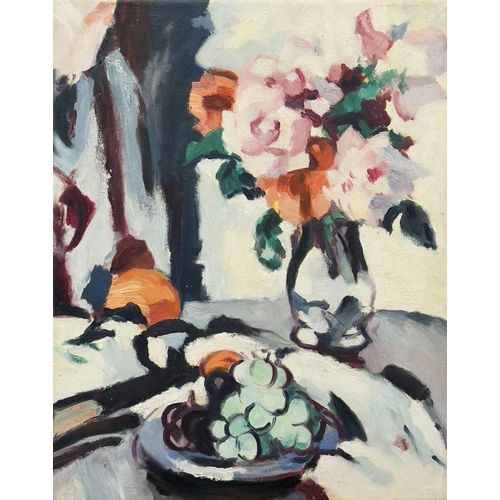 654 - Follower of Samuel John PEPLOE (1871-1935) Still Life with Flowers and Fruits Oil on canvas 51x40cm ... 