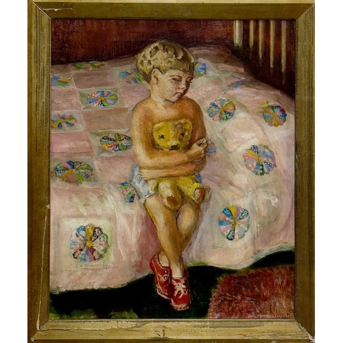 675 - Joan Manning SANDERS (1912-2002) Small Child with Yellow Bear Oil on canvas Signed 50 x 39cm Provena... 