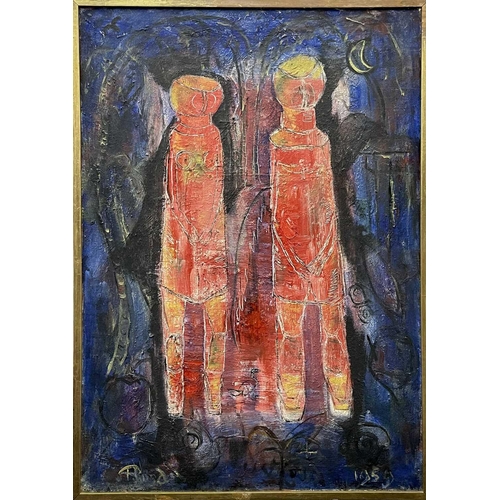 682 - Oil on canvas, indistinctly signed and dated 1959, indistinct inscriptions to stretcher, 70x49cm