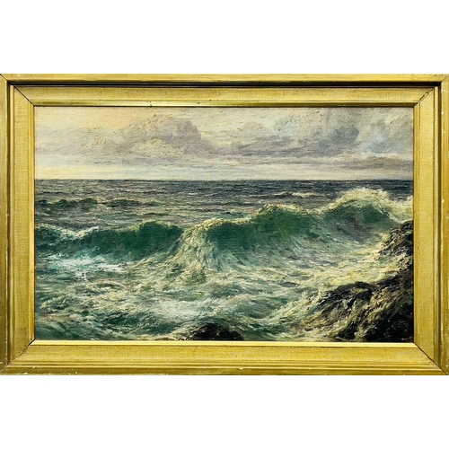 7 - David JAMES (1853-1904) Waves breaking on the Cornish Coast Oil on canvas Signed 23 x 38cmThis oil h... 