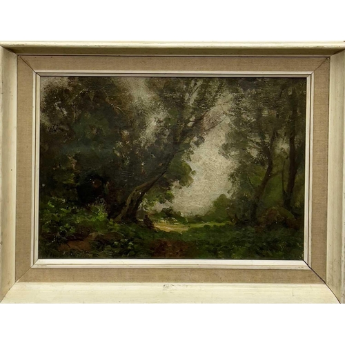 72 - John Noble BARLOW (1861-1917) Woodland Clearing Oil on Lanhams canvas, signed, 24x34cm