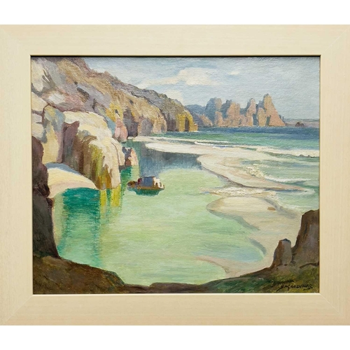 76 - Stanley Horace GARDINER (1887-1952) From Porthcurno, towards The Logan Rock Oil on board, signed, 38... 