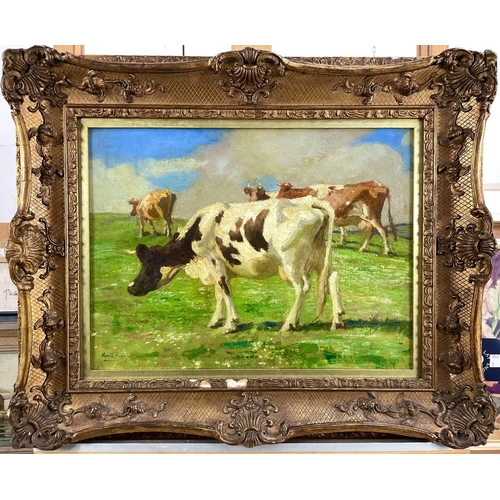 77 - Harold C. HARVEY (1874-1941) Cows Grazing Oil on canvas, signed, Lanham's, St Ives backstamp, 30x40c... 