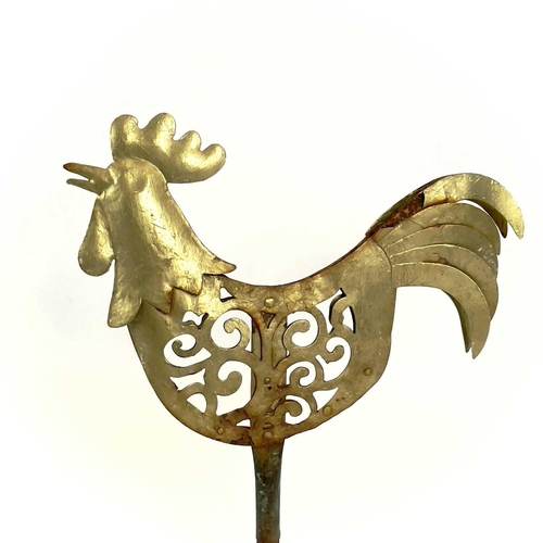 104 - A Victorian folk art wrought iron cockerel weather vane. With pierced decoration and later gilded fi... 