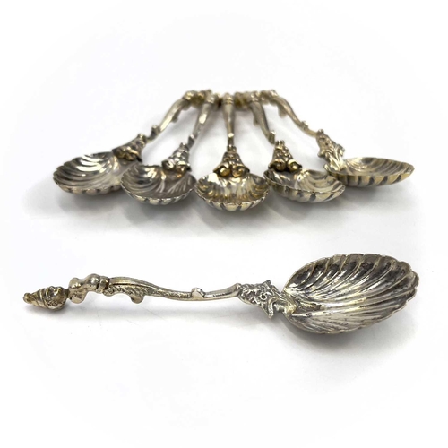 105 - A set of six 19th century French silver coffee spoons. The terminals cast as a female head with dolp... 