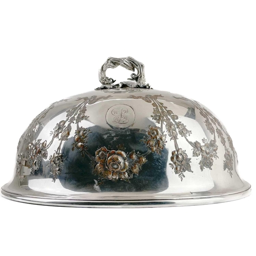 107 - A Victorian silver plated meat dome, by Elkington & Co. With ornate vine and grape cast handle and e... 