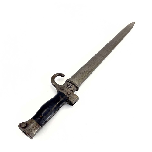 115 - A WWI bayonet and scabbard. With a 40cm straight single fullered blade, downturned quillon, numbered... 