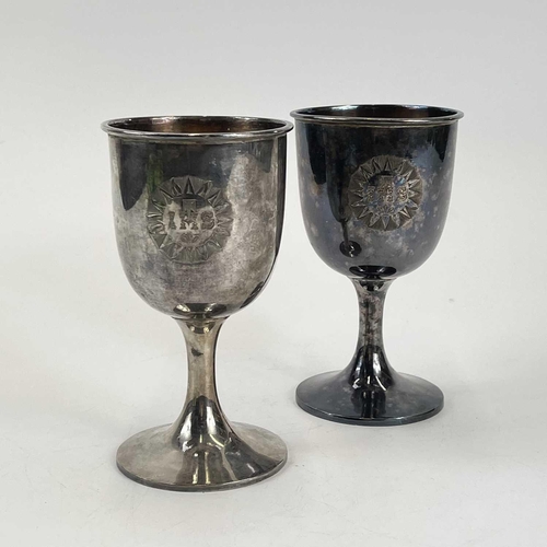 126 - A Walker & Hall silver plate ecclesiastical six piece communion set. Comprising: two goblets, two sl... 