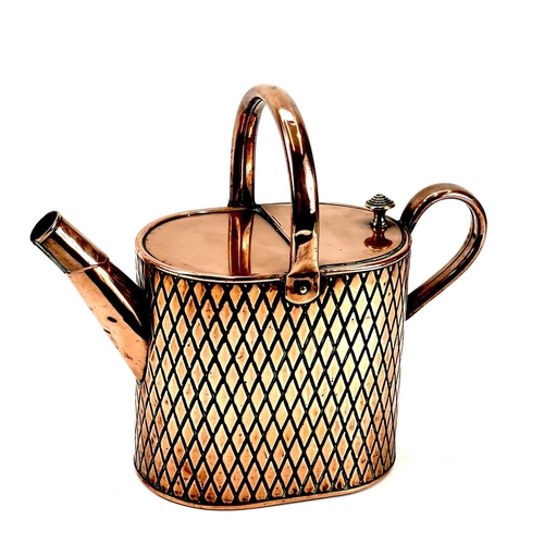 135 - A Victorian copper four pint hot water can. The body with an embossed trellis pattern. Reg. No. 5556... 