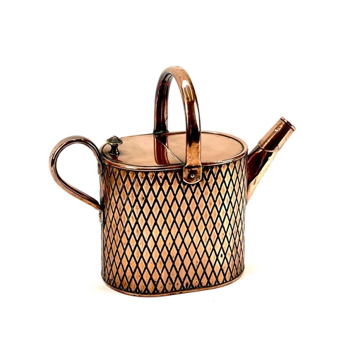 135 - A Victorian copper four pint hot water can. The body with an embossed trellis pattern. Reg. No. 5556... 