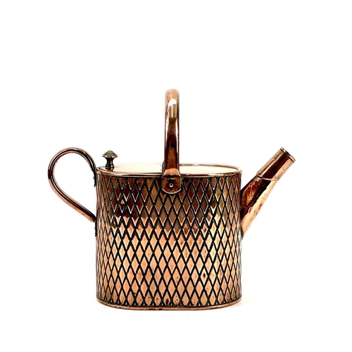 135 - A Victorian copper four pint hot water can. The body with an embossed trellis pattern. Reg. No. 5556... 