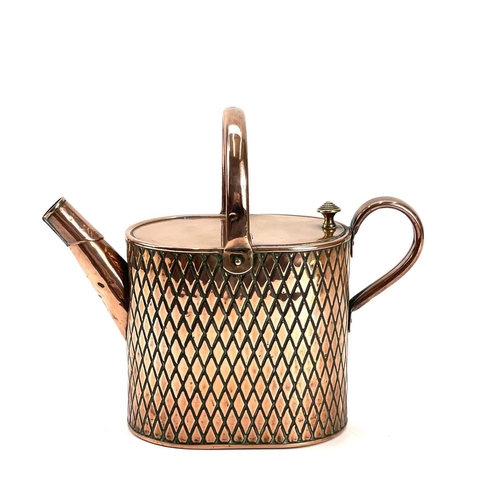 135 - A Victorian copper four pint hot water can. The body with an embossed trellis pattern. Reg. No. 5556... 