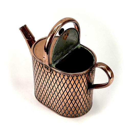 135 - A Victorian copper four pint hot water can. The body with an embossed trellis pattern. Reg. No. 5556... 