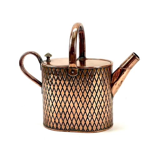 135 - A Victorian copper four pint hot water can. The body with an embossed trellis pattern. Reg. No. 5556... 