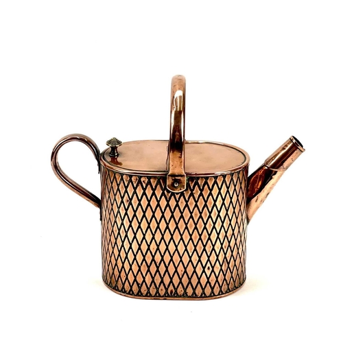 135 - A Victorian copper four pint hot water can. The body with an embossed trellis pattern. Reg. No. 5556... 