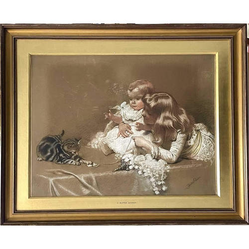 1401 - Charles Burton BARBER (1845-1894) 'Playmates' - two children playing with a cat Pencil, charcoal and... 