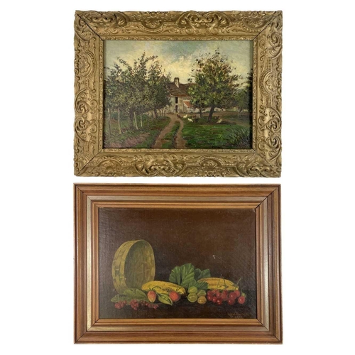 1408 - Early 20th Century English School Farmyard Landscape with Orchard and Hens Oil on board 23.25cm x 31... 