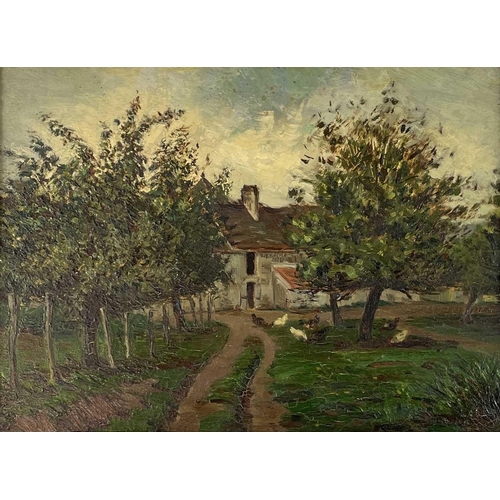 1408 - Early 20th Century English School Farmyard Landscape with Orchard and Hens Oil on board 23.25cm x 31... 