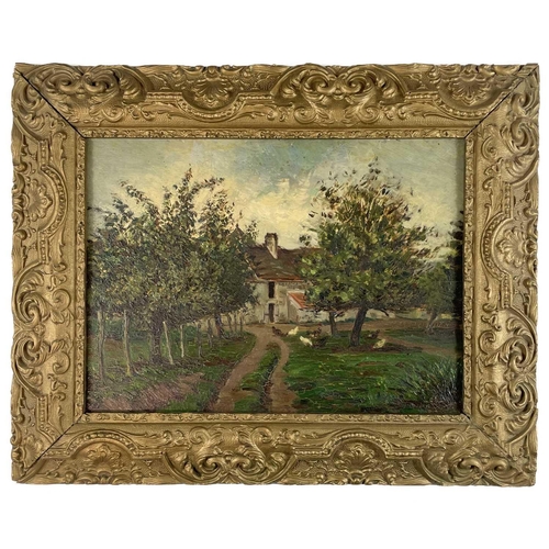 1408 - Early 20th Century English School Farmyard Landscape with Orchard and Hens Oil on board 23.25cm x 31... 