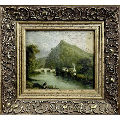 1409 - 19th Century English School River Landscape with Houses, Bridge and Fisherman Oil on panel 12cm x 13... 