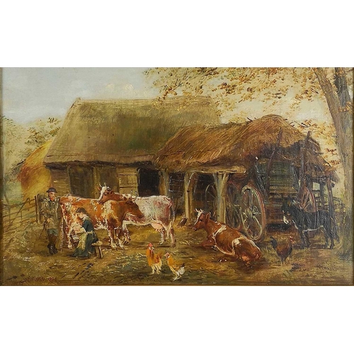 1415 - Edwin Frederick HOLT (1830-1912) Farmyard scene with farmer, milkmaid and livestock Oil on canvas Si... 