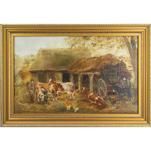 1415 - Edwin Frederick HOLT (1830-1912) Farmyard scene with farmer, milkmaid and livestock Oil on canvas Si... 