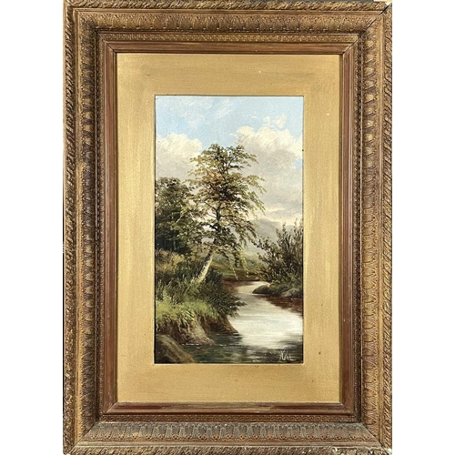 1442 - 20th Century British School Landscape with Stream Oil on board Indistinctly signed 40cm x 22cm