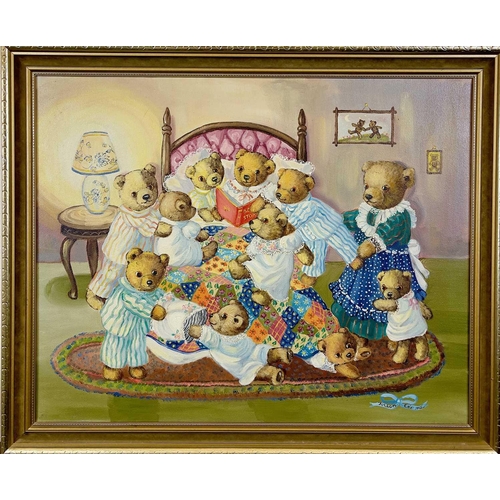 1444 - Doreen EDMOND (20th Century British School) Teddy bears reading a bedtime story Oil on canvas Signed... 